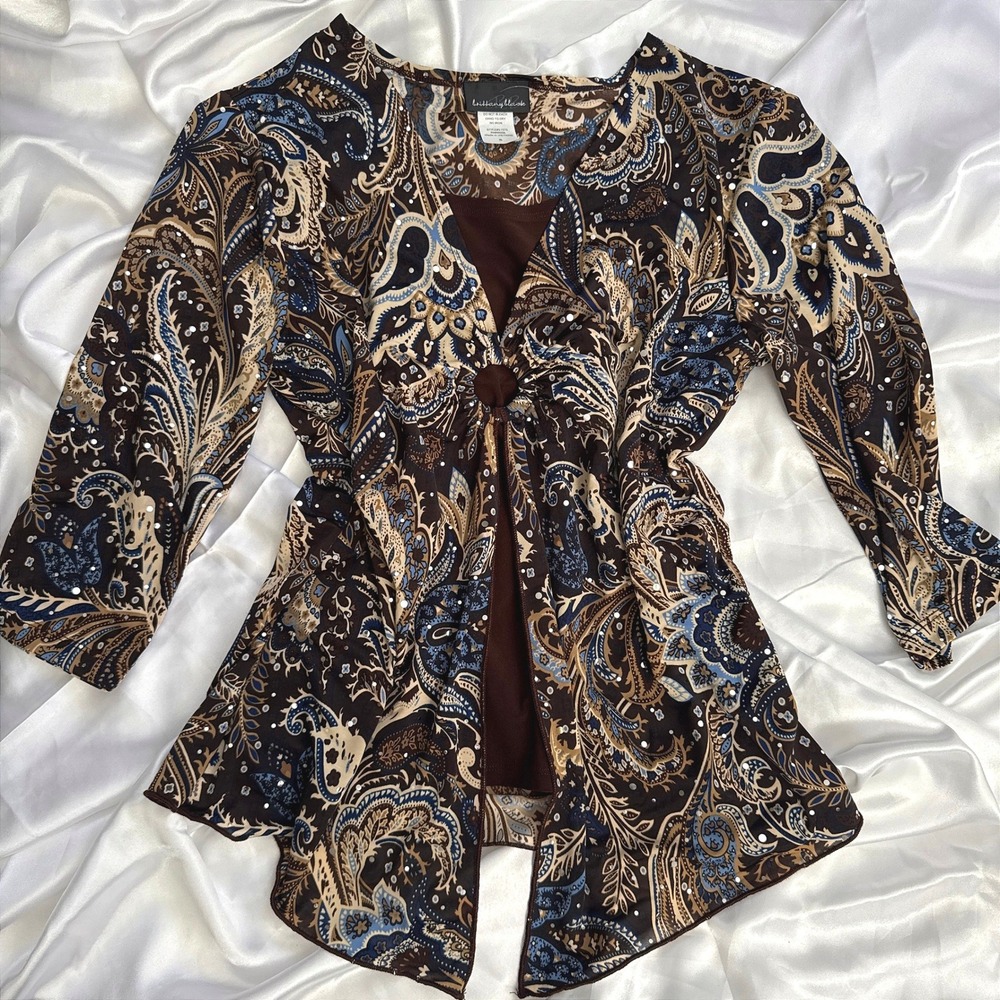 Brittany Blake Brown Paisley Sequin O-Ring 2-in-1 Blouse Top Womens Small 7275
